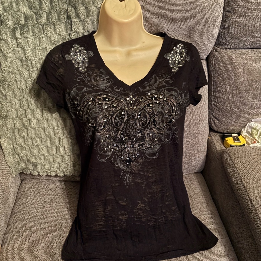 Embellished Black V-Neck Top